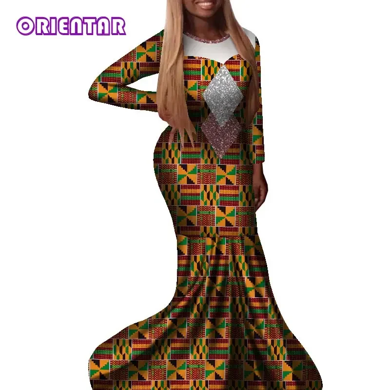 ORIENTAR Long Sleeve Dashiki Dress Women African Print Dress with Glittering Patchwork African Clothes for Women Party WY9077