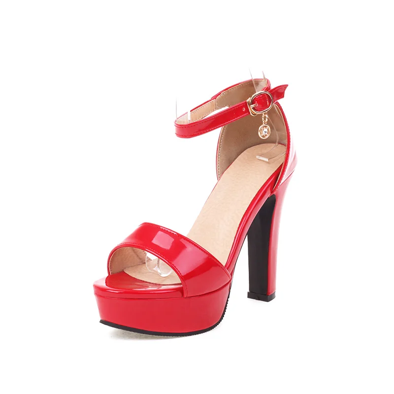 Lasyarrow PU Patent Leather Red Gold Heel Open Toe Buckle Strap Classic Sexy Lady Pumps Platform Sandals For Women Small Size 33