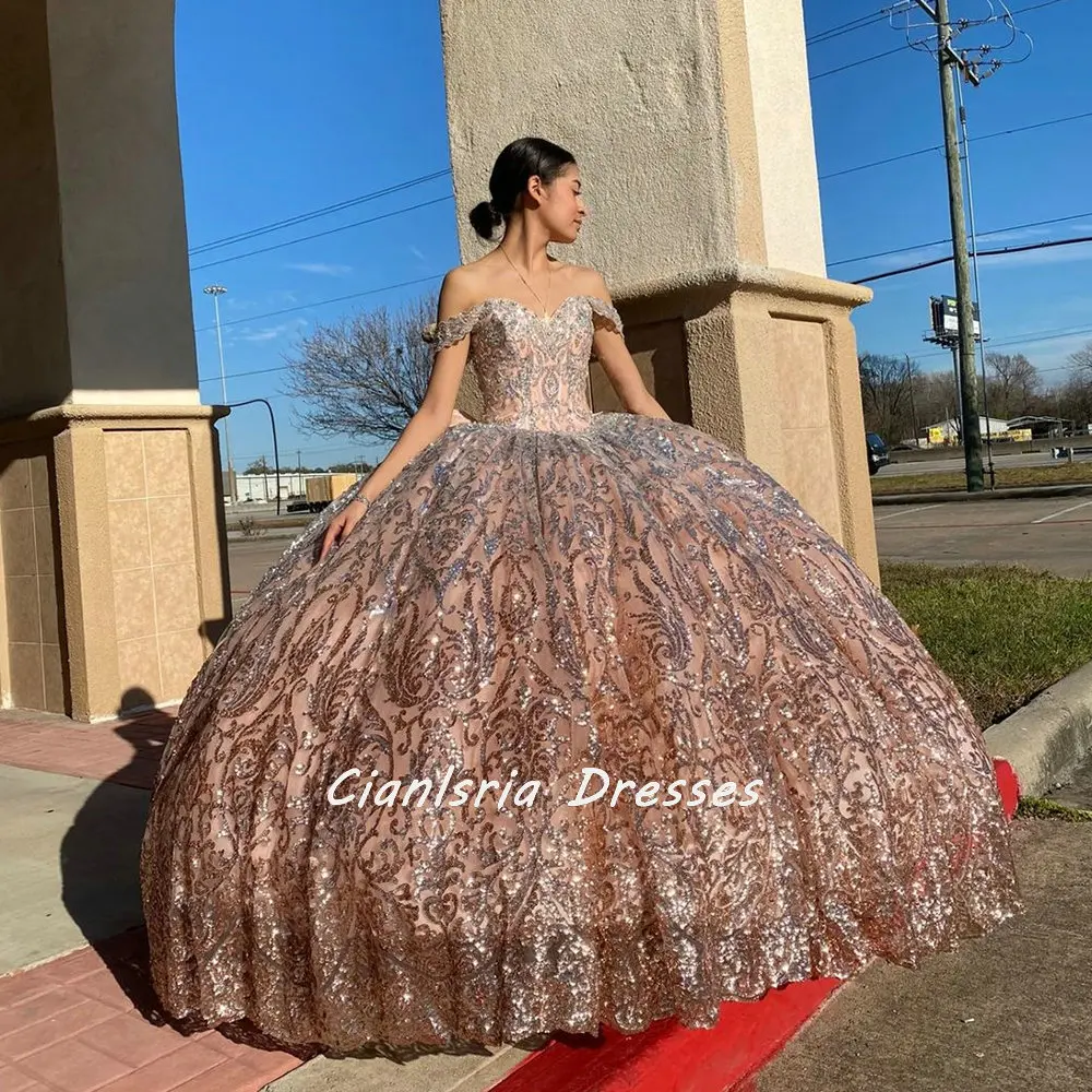 Pink Glitter Crystal Beading Bow Quinceanera Dress Ball Gown Off The Shoulder Silver Appliques Corset Vestidos De Quinceañera