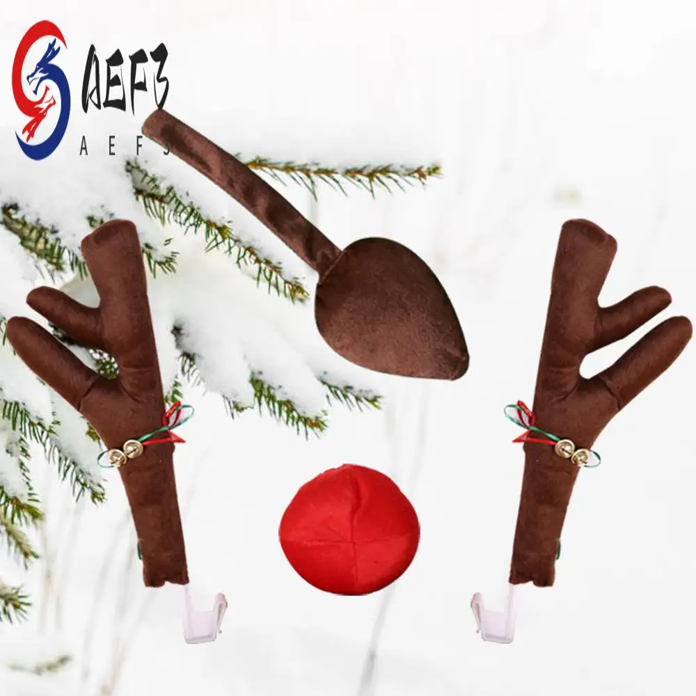 AEF3-Reindeer Decoration Car Vehicle Nose Horn Costume Set Rudolph Christmas Reindeer Antlers Red Nose Ornaments Elk Antlers