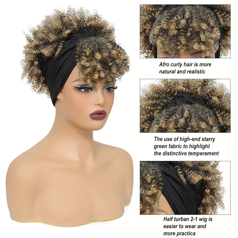 Synthetische Afro Kinky Krullend Hoofdband Pruik Korte Afro Pluizige Krullende Pruik met Hoofdband Bevestigd Diep Krullend Sjaal Wrap Pruik voor Vrouwen