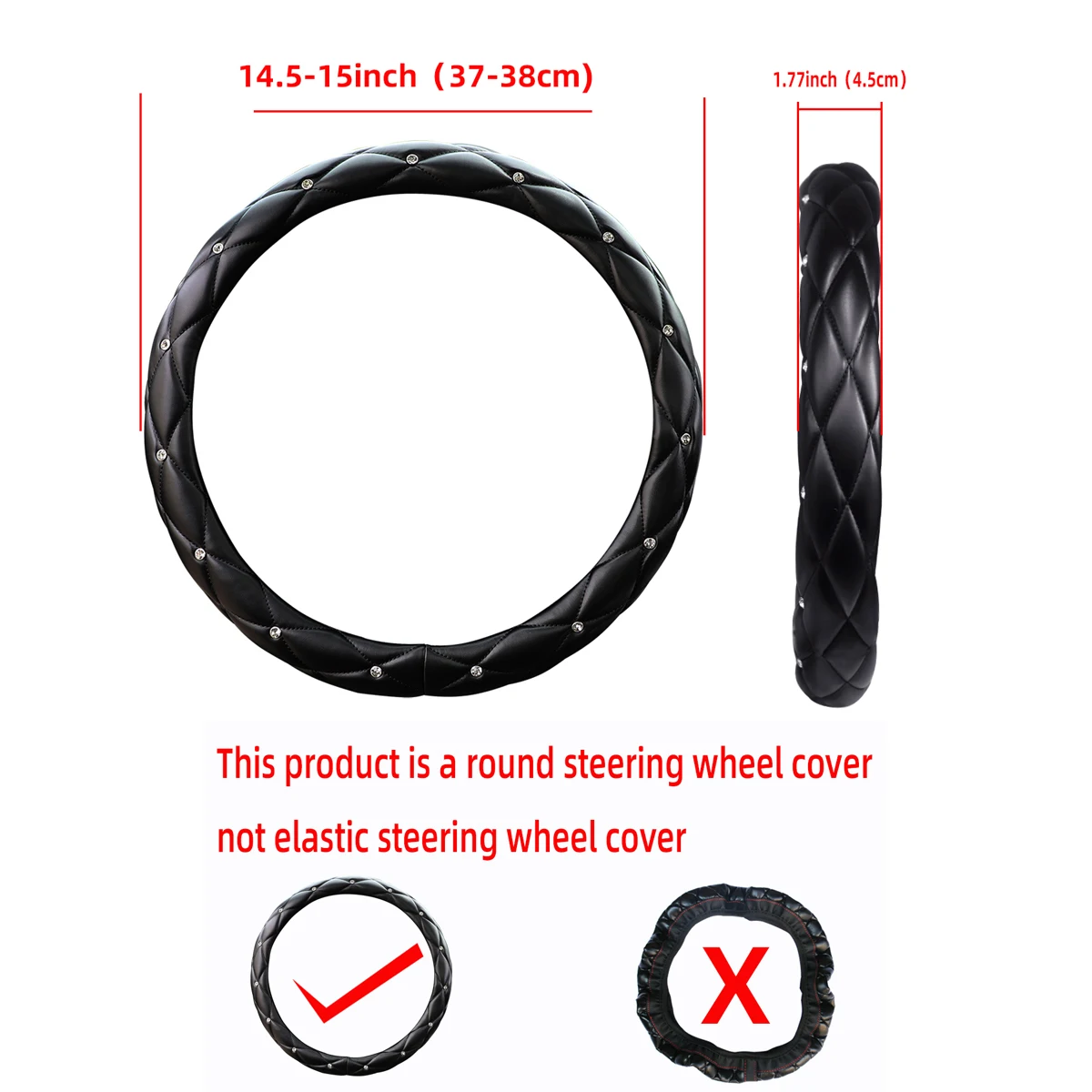 Mit Diamanten besetzte Stereo-Lenkradabdeckung aus weichem Leder mit Innenring, passend für 14,5–15 Zoll – Detail 5