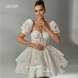 OLOEY Glitter Sequined Mini Wedding Dresses Tulle Sweetheart Bridal Gowns Ivory Vestido De Noiva Zipper Back Formal Party Dress