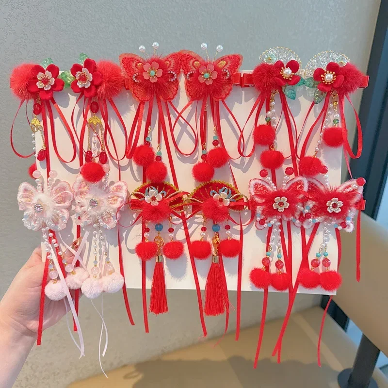 

Girls New Year Red Hairpin Chinese Style Bow Hair Accessories Hairball Pearl Hairpin Xmas Clip Girl Antique Hanfu Headdress ZX07