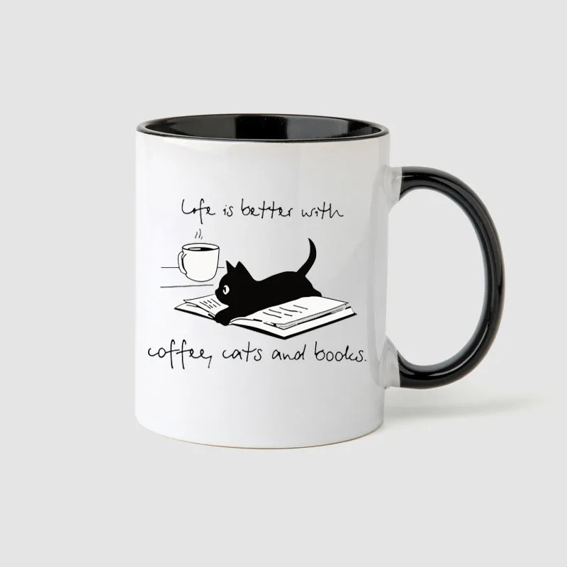 Coffee Cat and Books Make Life Better Ceramic Mug, Perfect for Christmas and Father's Day, Hand Wash Only