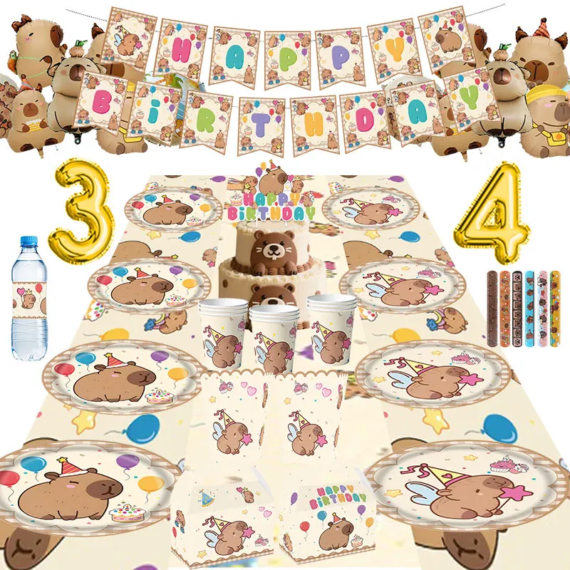 Décoration d'anniversaire Capybara : Vaisselle, Tasses, Assiettes, Ballons Mignons Capybara, Bannière, Toile de Fond, Porte-clés, Sac Cadeau, Fournitures de Fête pour Filles