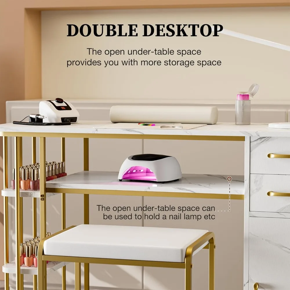 Ensemble table de manucure et tabouret à structure métallique avec rangement pour techniciens d'ongles, comprenant 2 tiroirs et étagères à 3 niveaux, idéal pour Sa