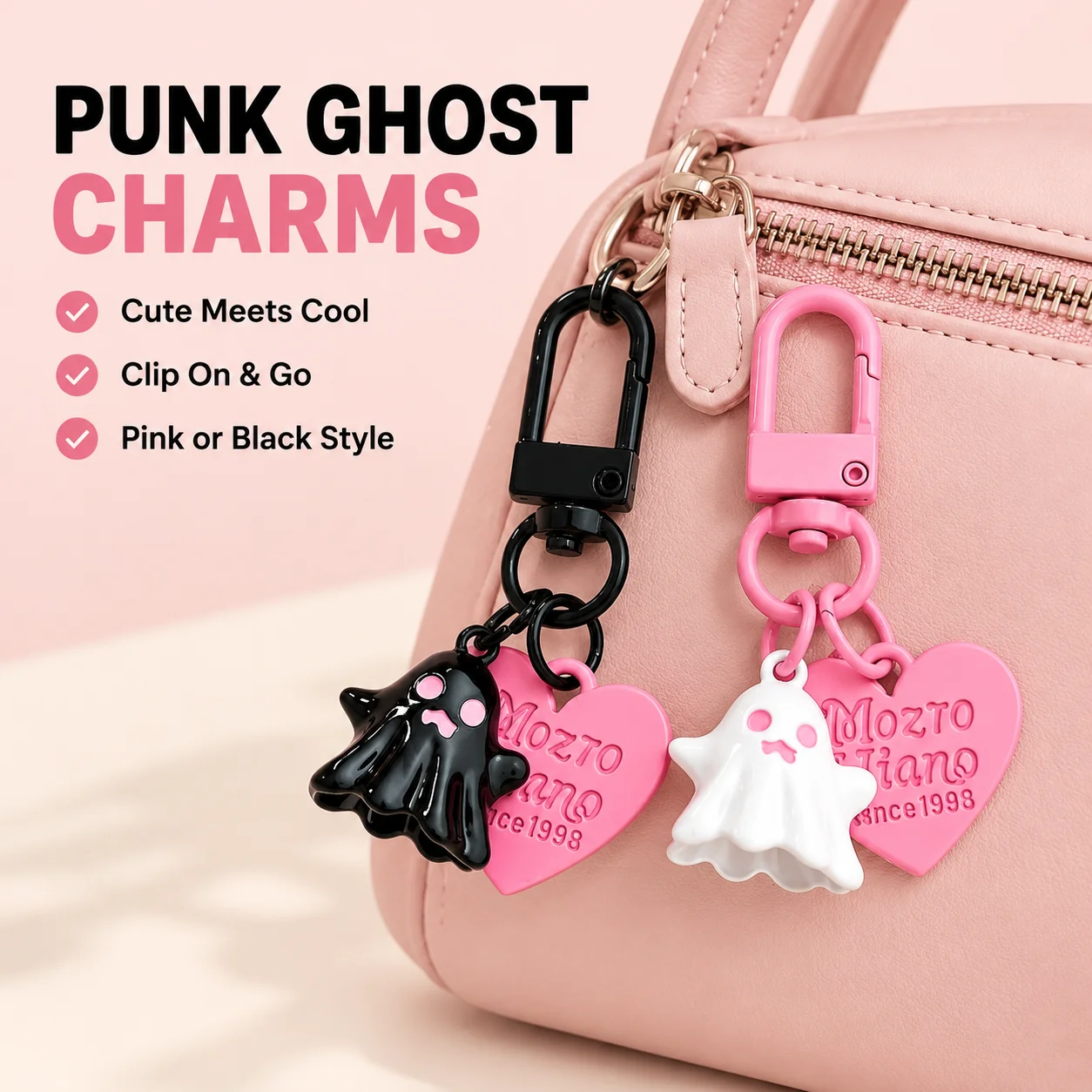 Cute Sweet Cool Pink Black Ghost Heart Charm Keychain Round Clasp Cartoon Hanging Pendant Earbud Accessory Fashion Ornament