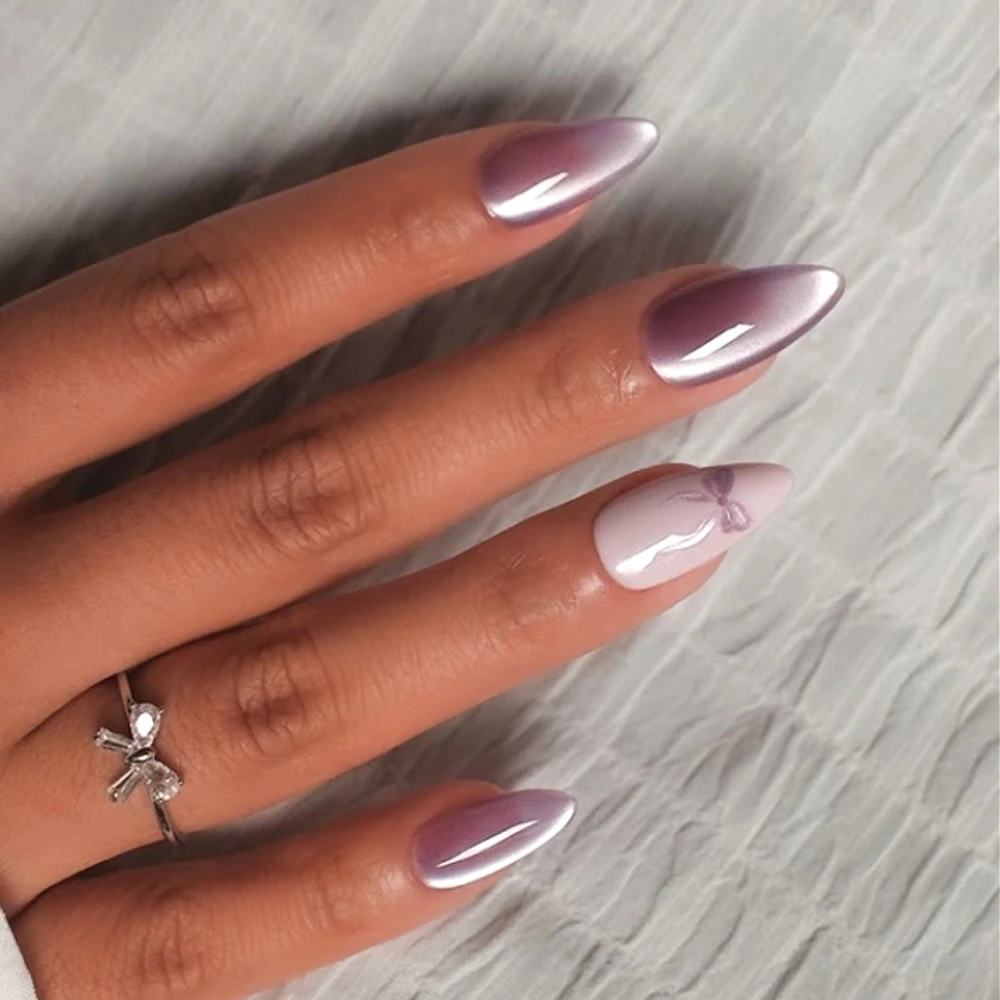 

Bowknot Glitter Cat Eye Wearable Nail Art Fashion Sparkling Fake Nails Detachable Finished False Nails Press on Nails with Glue