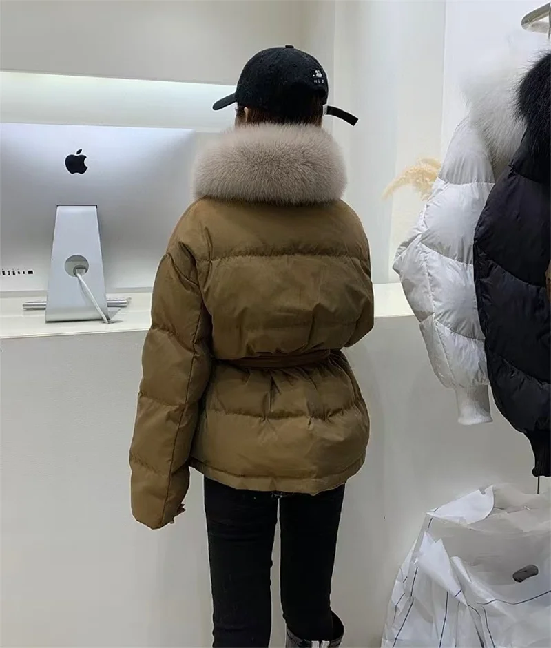 Real Fox Fur Collar Winter Women White Duck Down Short Jacket Belt Female Thick Warm Coat Luxury Slim Outerwear