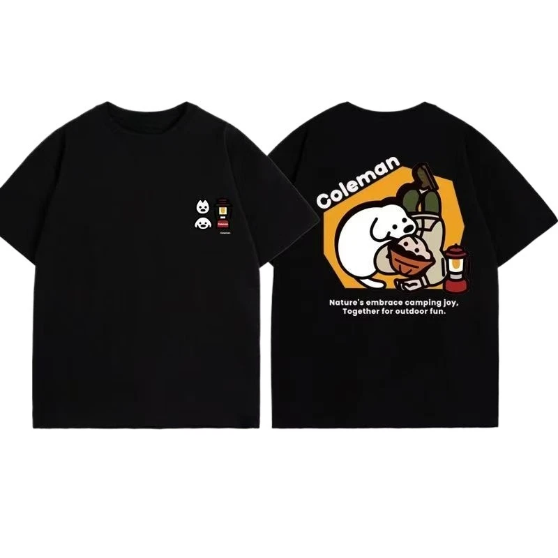 2026  Men Casual Short Sleeve T-Shirt Cartoon Puppy Camping Print Crew Neck Cotton Tees Outdoor Daily Wear