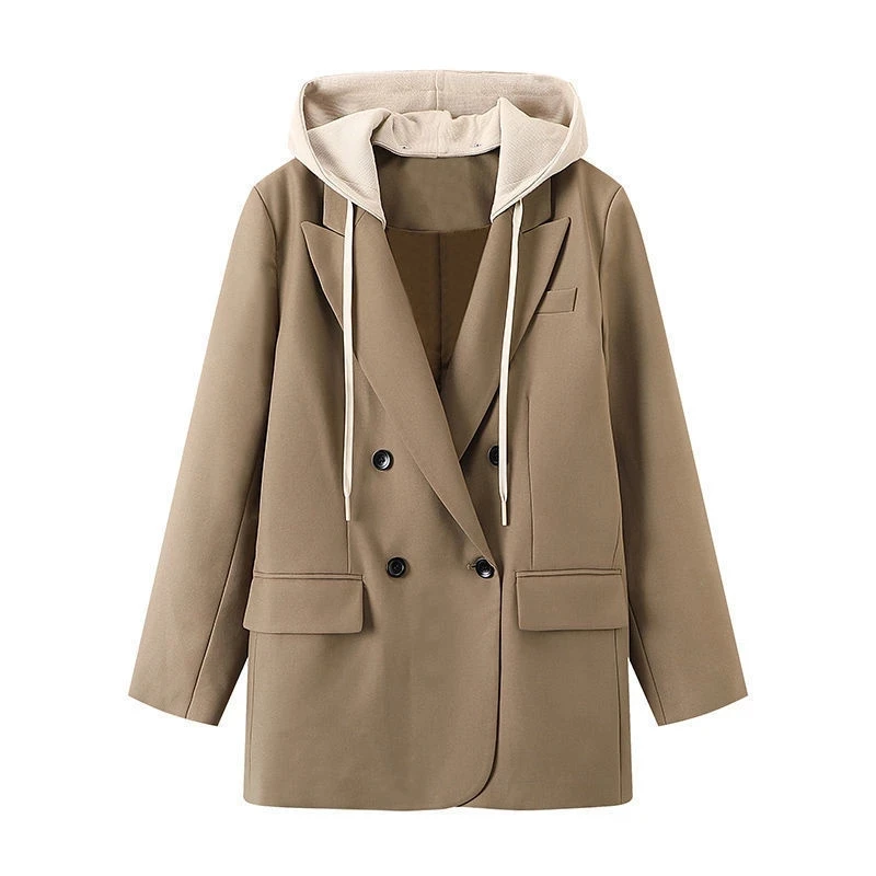 Spring Autumn New Women Fashion Jackets Khaki Hooded Suit Coat Female Korean Loose Double-Breasted Casual Wild Ladies Blazer Top