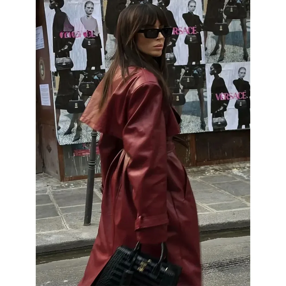 2024 Women New Fashion with Belt Long Style Single Breasted Faux Leather Coat Vintage Long Sleeve Pockets Female Outerwear