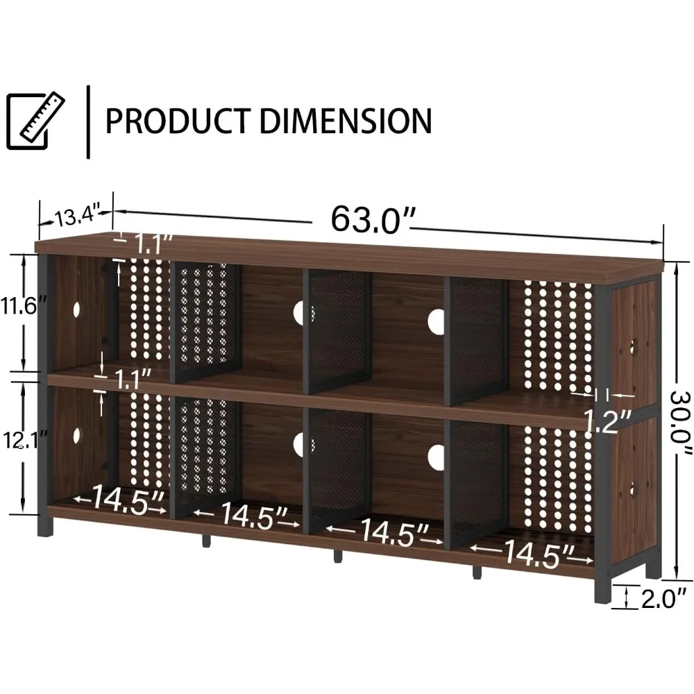 Wood Horizontal Bookshelf, Industrial Long Bookcase Cube Shelf Organizer, Large Wide Low Wooden Metal Cube Book Shelf