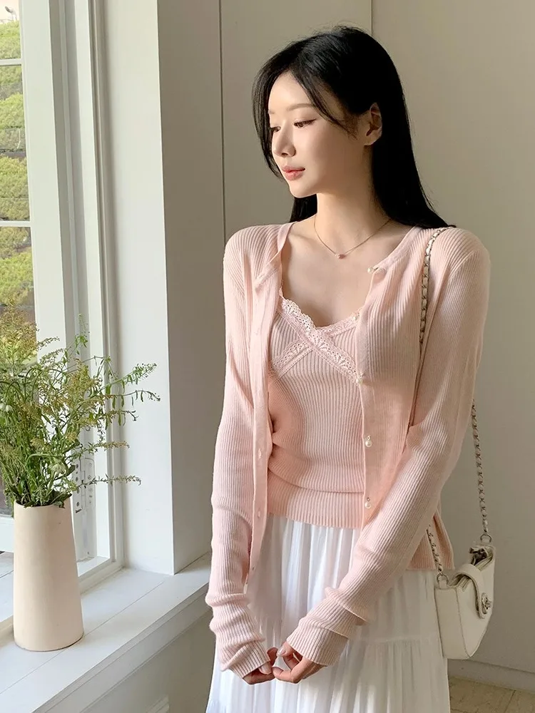 Chic Knitted ort Sweater Vest Set for Women V-Ne Open Cardigan Sle Gentle Fre Two-Piece Ensemble Autumn Faion