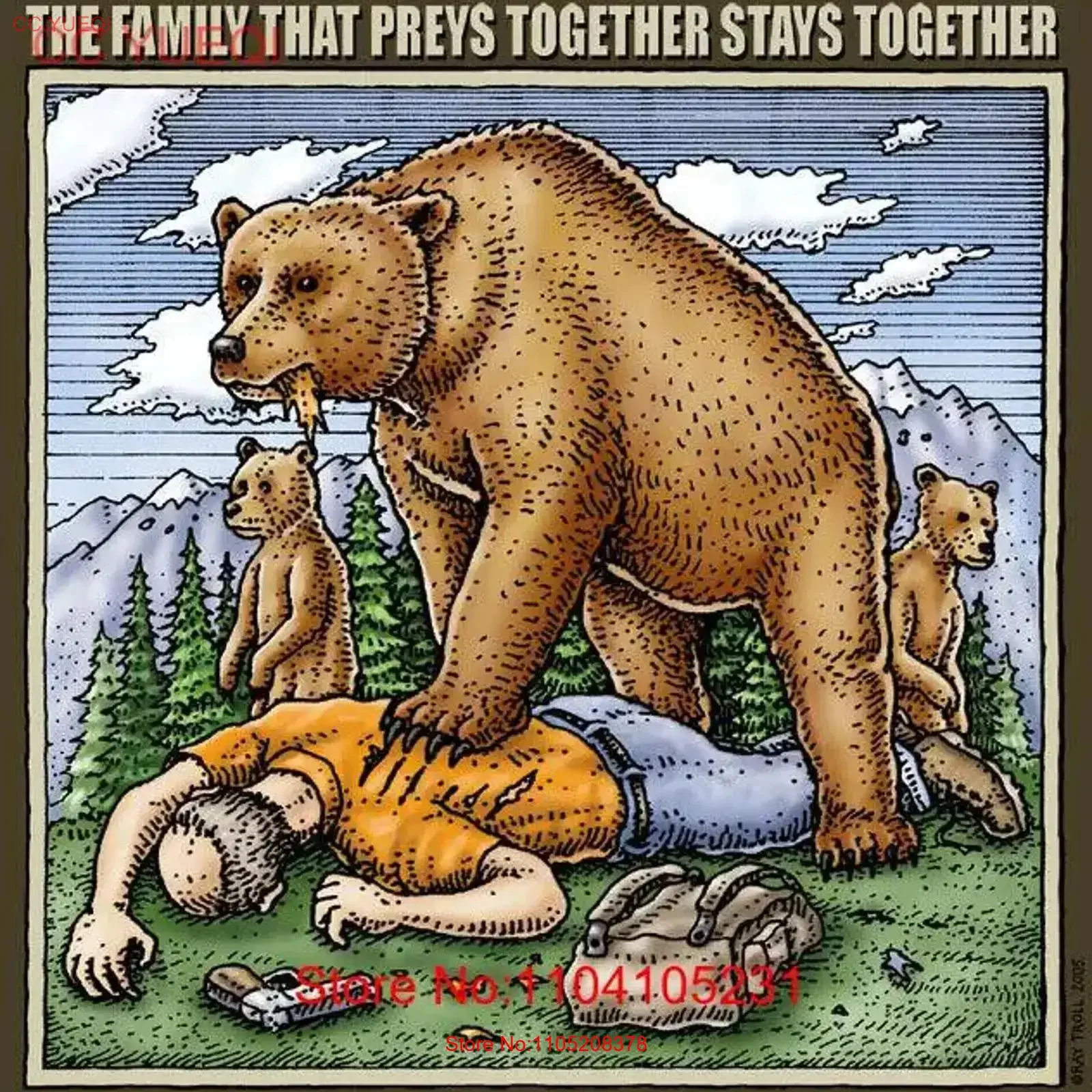 Ray Troll Family Preys Together Stays Bear Attack New adult t shirt 3X vintage Washed Slightly Breathable homme Stretched