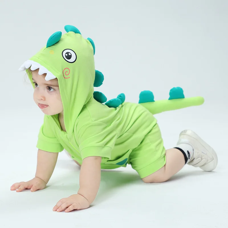 Kawaii Dinosaur Summer Infant Baby Clothes Boys Girl Bodysuit Hooded Cartoon Kawaii Five Colors Short Sleeve Romper Onesie