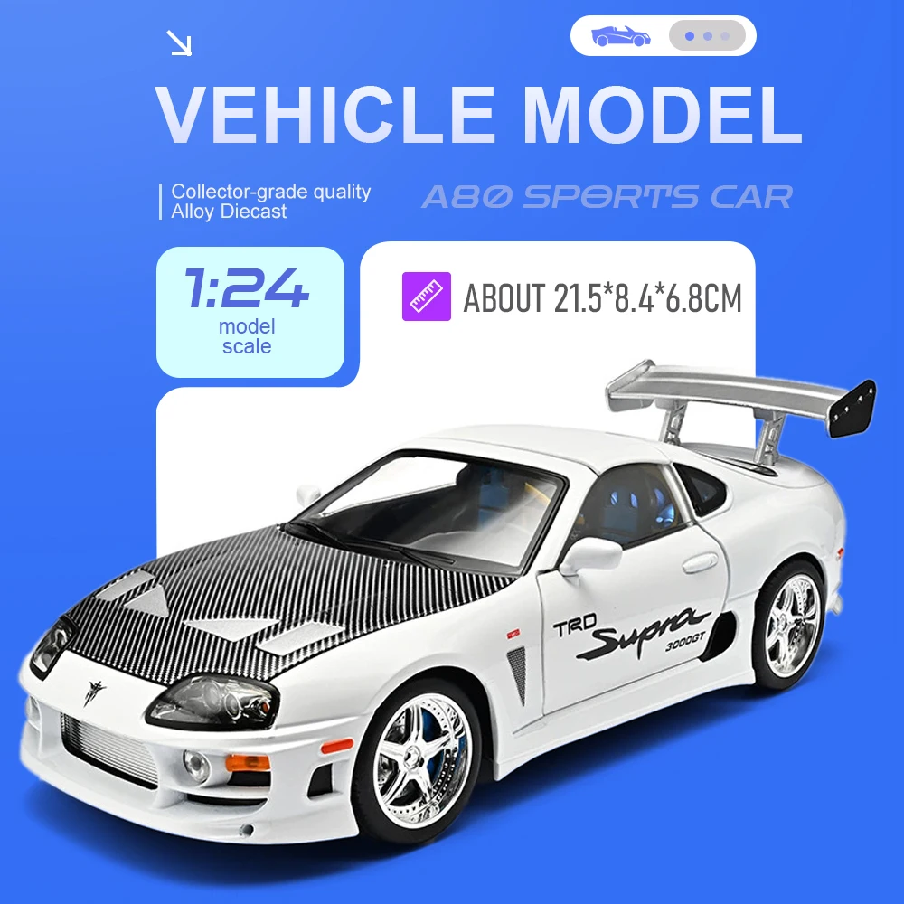 1:24 Scale A80 Supra Car Model Toy Doors Opened Sound Light Models Pull Back Alloy Diecast Vehicle for Friends Vocation Souvenir