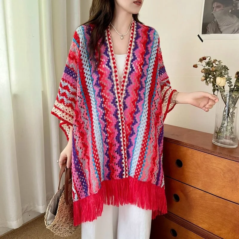 Fashion Ethnic Style Shawl Coat New Chinese Knitted Cardigan Color Matching Cloak Spring And Autumn Travel Photograph Outer Cape