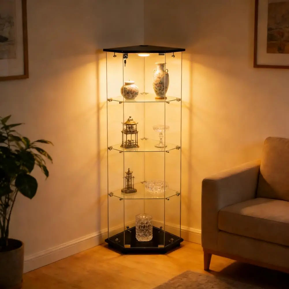 Corner Glass Display Cabinet with LED Lights, 4-Tier Tempered Glass Curio Case with Door & Lock for Collectibles