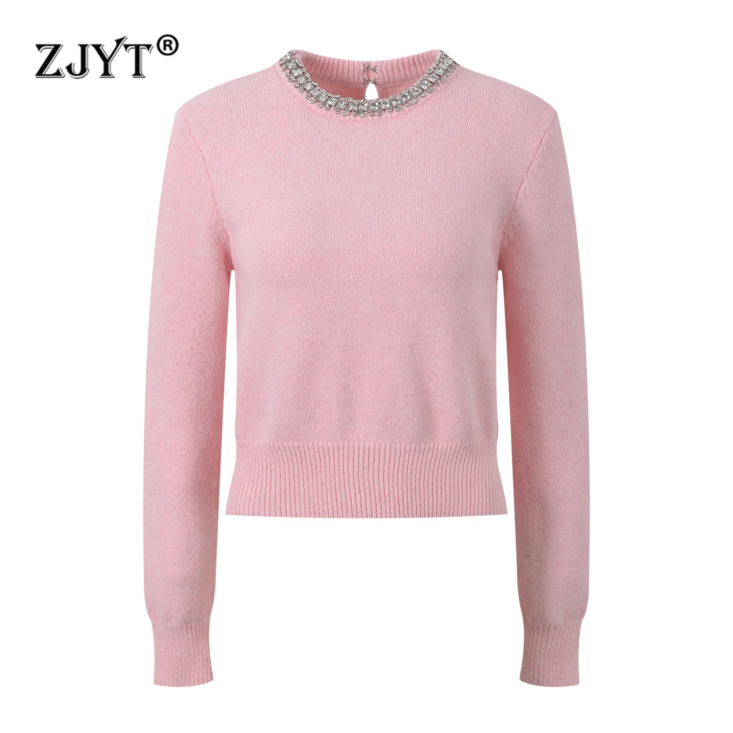 

ZJYT Fashion 2025 Spring Beading O Neck Pullover Sweaters Women Long Sleeve Knitted Tops Elegant Knitwears Solid White Female