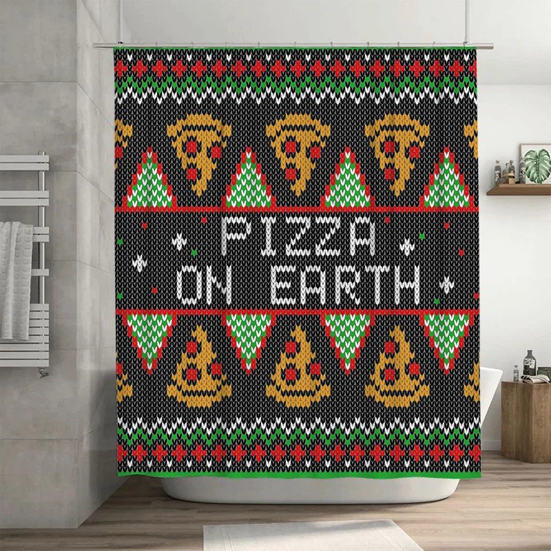 Funny Pizza on Earth Shower Curtain, Christmas Sweater Design with Slices for Food Lovers, Humorous Holiday Bathroom Decor