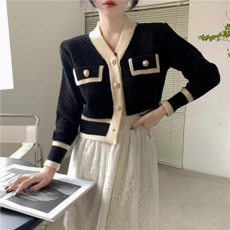 OCEANLOVE Short Cardigans Women V Neck Office Lady Vintage Korean Elegant Sweaters Contrast Color Autumn Winter Chaquetas