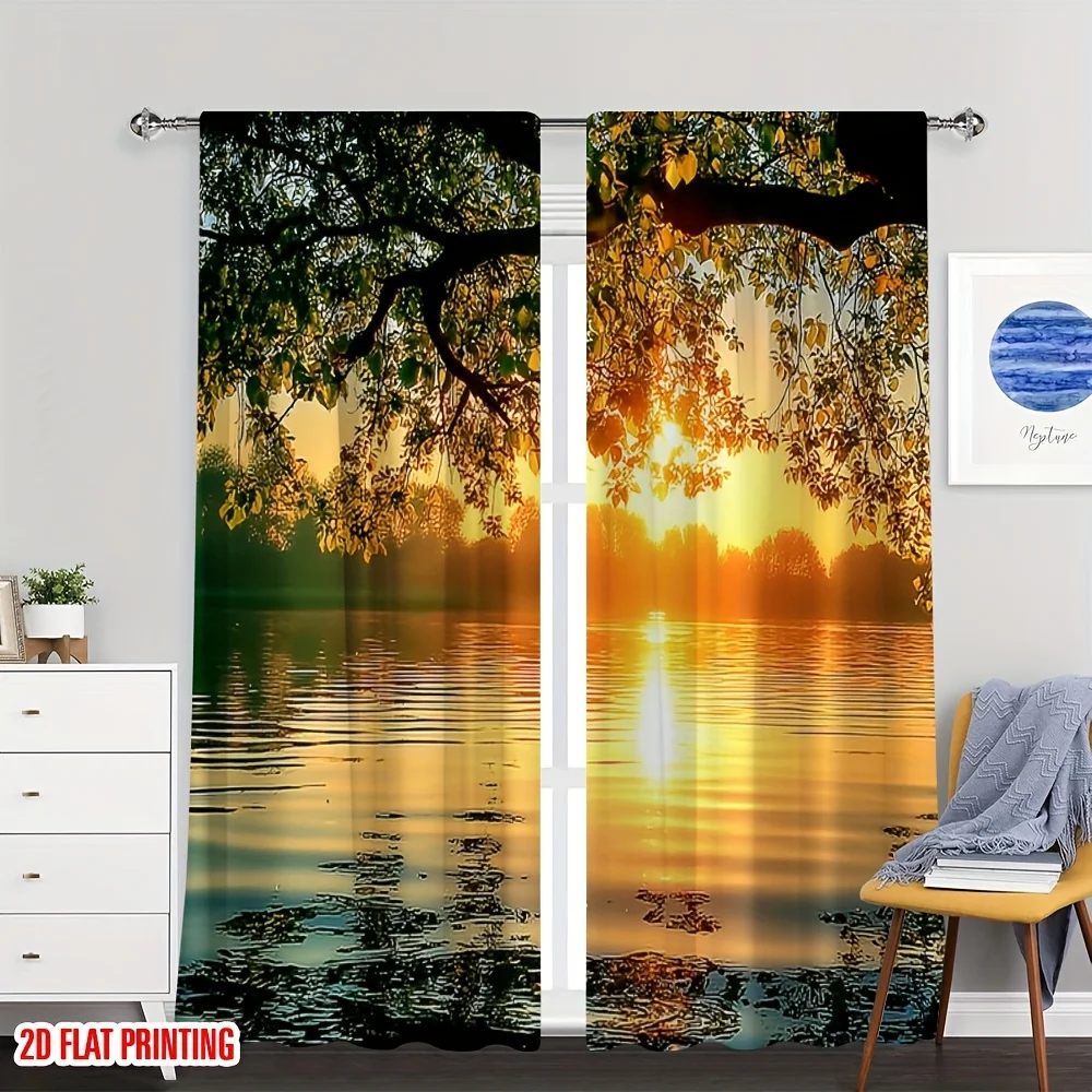 Sunset Lake Curtains, Golden River Landscape Window Drapes, Nature Scenery Decor, Blackout Fabric for Living Room Bedroom