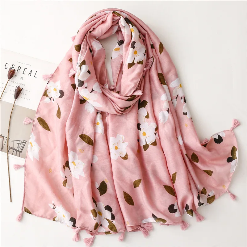 

2023 New Cotton Flower Pattern Tassel Scarf Shawls Women Soft Beach floral Print Head Wrap Hijab Free Shipping