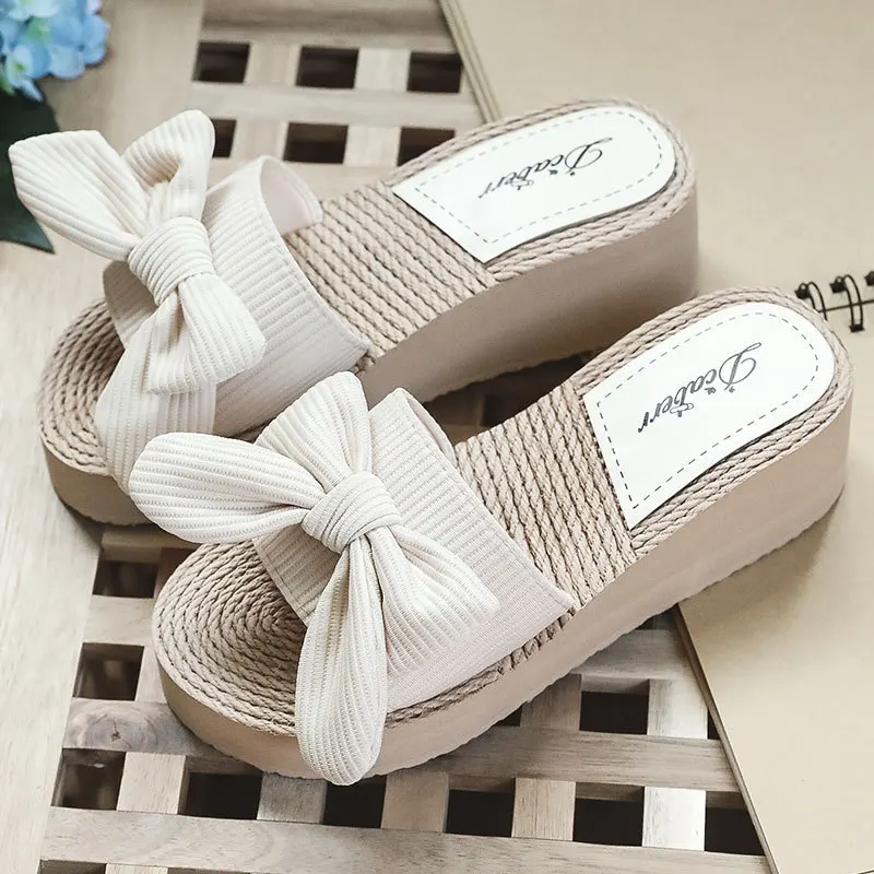 2023 Bow-knot Women Slippers 2022 Fashion Platform Casual Breathable Beach Shoes Female Retro Rome Wedge High Heels Slides