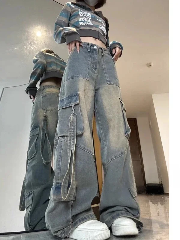 

Джинсы с высокой талией и прямым кроем для женщин больших размеров в американском уличном стиле, утягивающие, с широкими штанинами