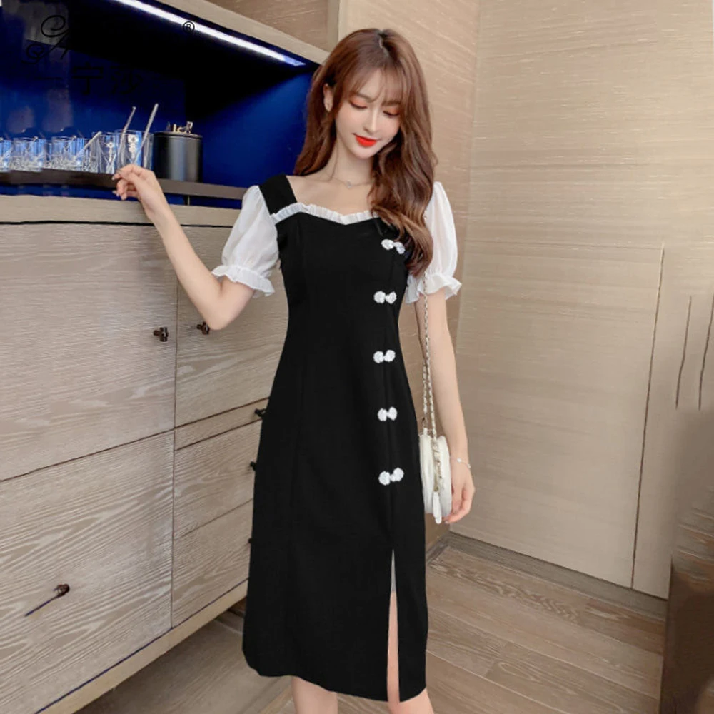 

Summer New Girl Style Bubble Sleeve Square Collar Dress Women New Sexy Retro Black Mid-Calf Vestidos Slim Fit Dresses