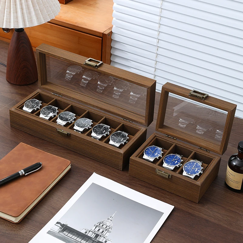 Wooden Watch Storage Box With Glass Lid Multi‑Slot Watch Display Case Jewelry Organizer Collector Holder for Men Wristwatch Gift