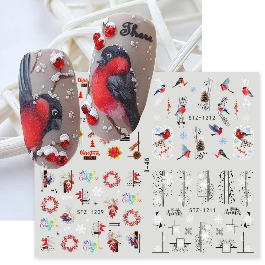 4 In 1 Winter Magpie Bird Nail Water Sliders NEWing Christmas Geometry Penguin Design Decals Xmas Santa Deer Holly Decor Sticker