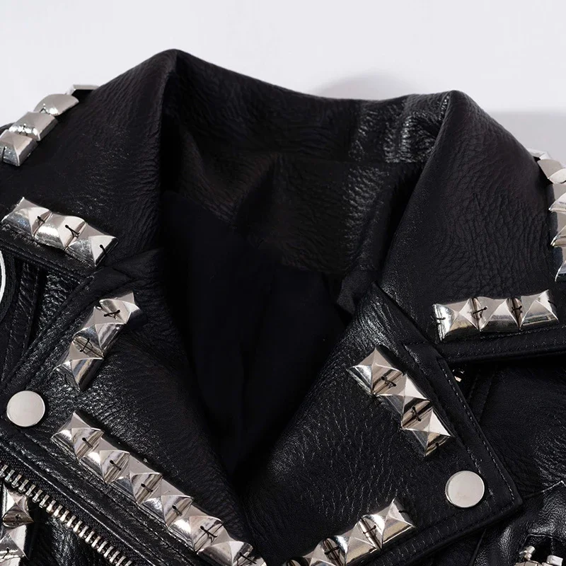 Punk Studded Black Leather Jacket for Women 2024 Trend Streetwear Graffiti Print Motorcycle  Faux Leather Cropped Jackets S-XXXL