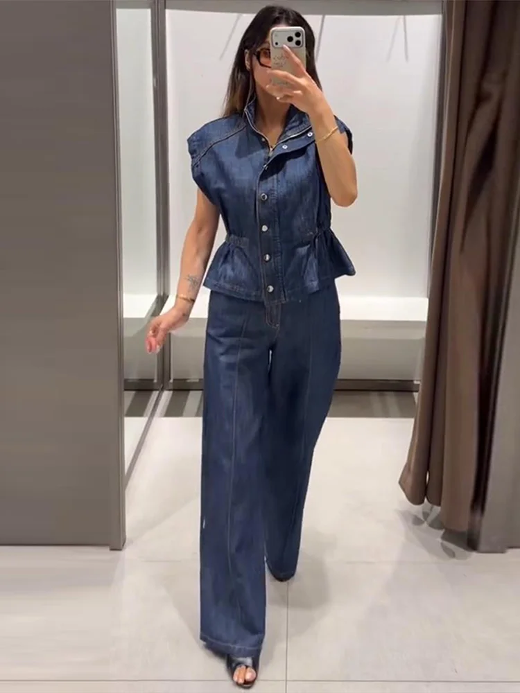 Ärmelloses Jeanswesten-Hosen-Set für Damen mit elastischem Bund, Stehkragen-Oberteil mit Knopfleiste und gerader Hose – Schickes Streetwear-Outfit für die moderne Dame – Detail 14