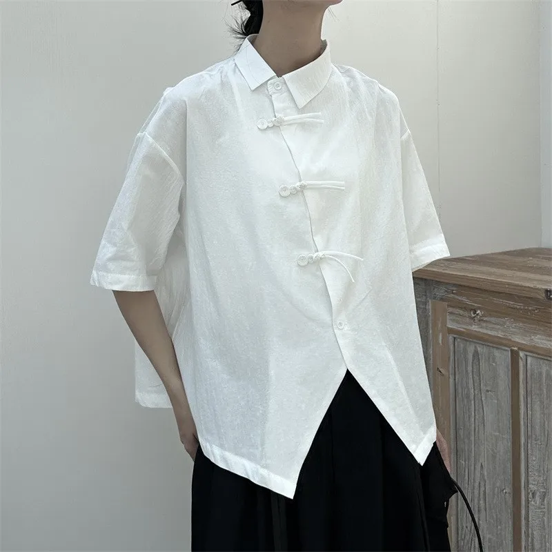 

Johnature New Simple Black Chinese Cross-Button Shirt Summer Turn-down Collar Casual Loose Irregular Cotton Women Tops