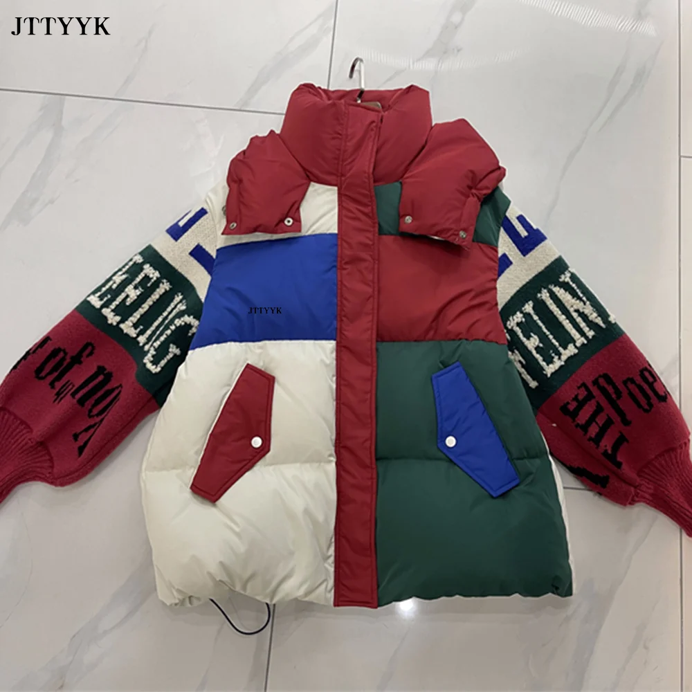 Streetwear Letter Stitching Fashion Down Jacket Women\'s New Hooded Parka Loose Winter Down Coat Female Thick Casual Warm Clothes