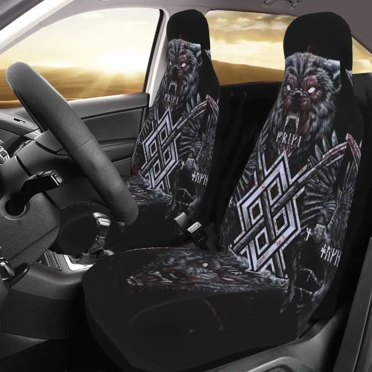 Funda para asiento coche 'Viking Wolf Ravens Of Odin', juego cojines con accesorios protectores frontales universales con impr