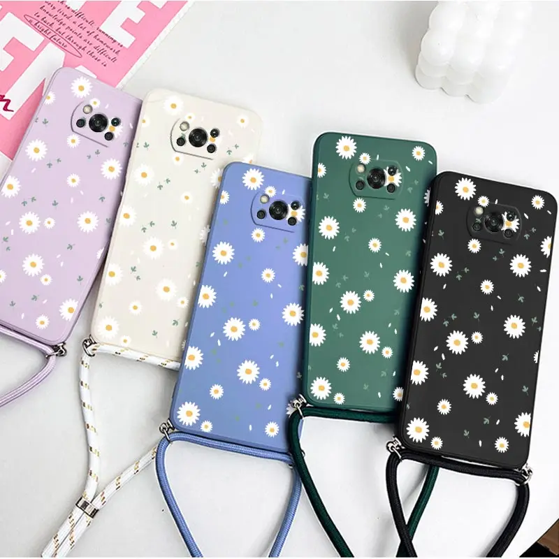 Deciduous Daisies Crossbody Lanyard Silicone Phone Case For Xiaomi Poco M5 M4 Pro F4  X4 GT F4 GT X4 F3 X3 M3 X3 NFC C40 Cover