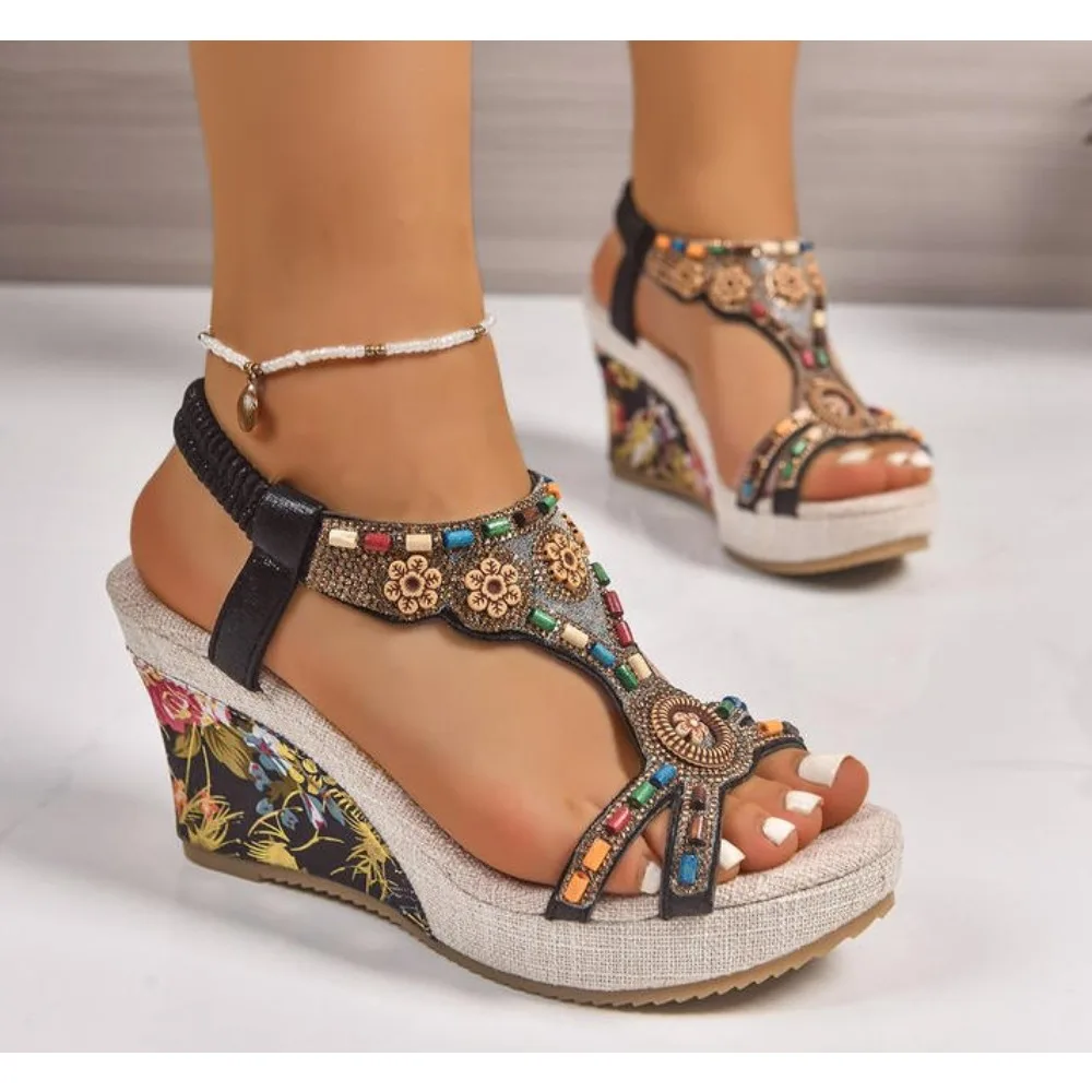 Woman Leather Summer Fashion Wedge Female Large Size Mid-heeled Platform Black New Comfortable Retro Sandals for Women view 2