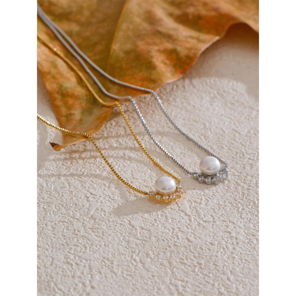 Yhpup Smooth Imitation Pearl Zirconia Exquisite Fashion Waterproof Korean Necklace Stainless Steel Premium Chic Jewelry Gift