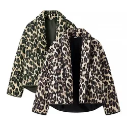 Abrigo acolchado con solapa y estampado de leopardo negro para mujer, chaqueta holgada cálida de manga larga acolchada étnica, ropa de abrigo de gran tamaño