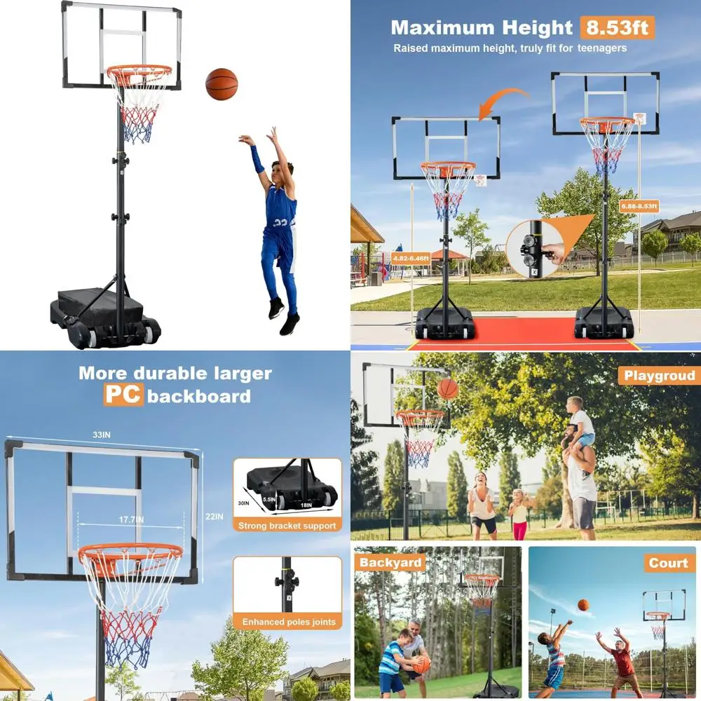 Aro de baloncesto ajustable para exteriores de 5-10 pies con manivela manual, tablero trasero de PC de 33/44 pulgadas, ruedas para estabilidad y portabilidad