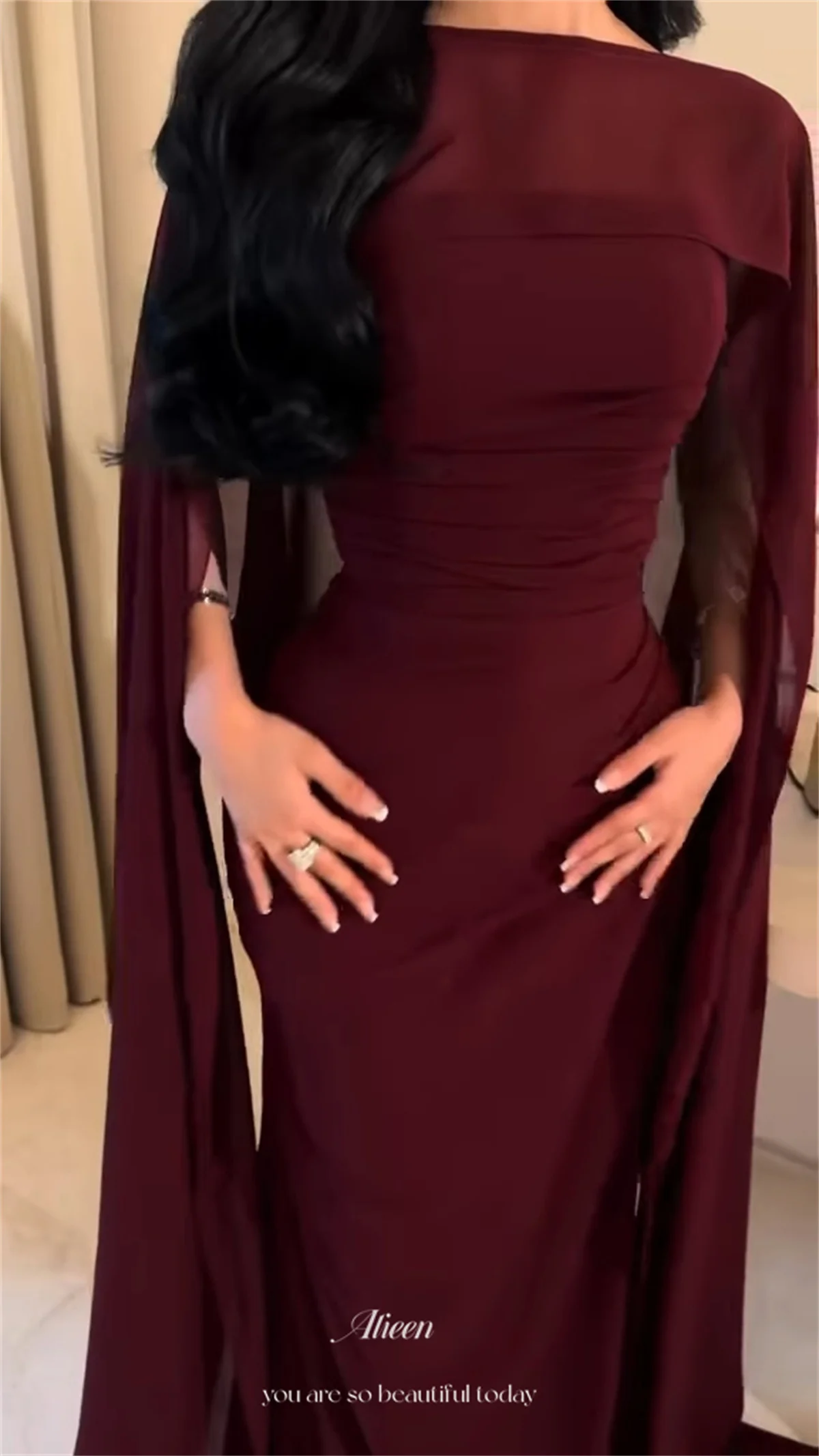 Aileen Burgundy Evening Dresses Straight Boat Neck Sleeveless Prom Dress Color Dramatic Cape Ruched Bodice Draped Fit Customized