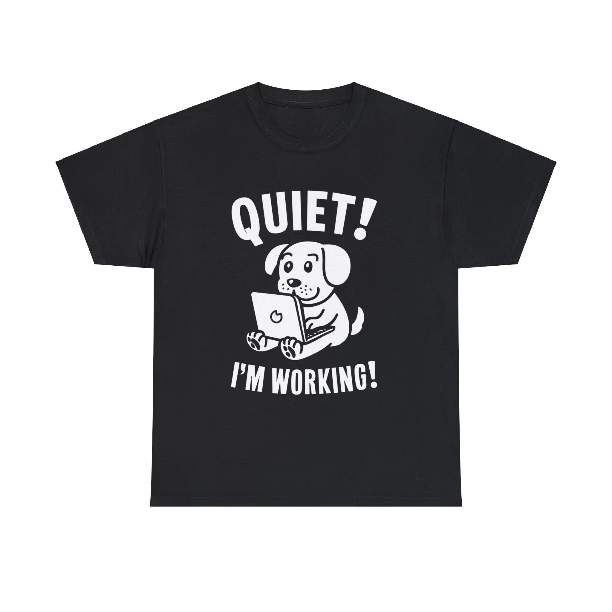 Cute Dog on Laptop QUIET I'M WORKING Funny Comical Humor Gag Heavy Cotton T Shirt