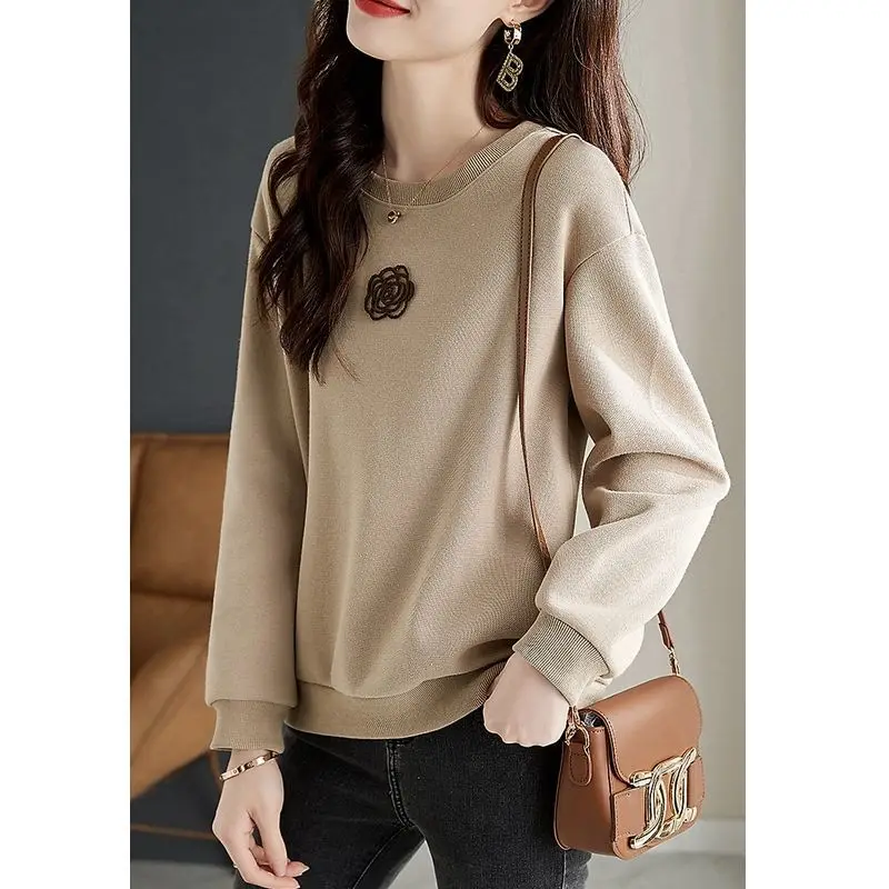 Gentle Style O-Neck Long Sleeve Embroidery Floral Spring Autumn New Sweatshirt Loose Basic Casual Solid Color All-match Tops