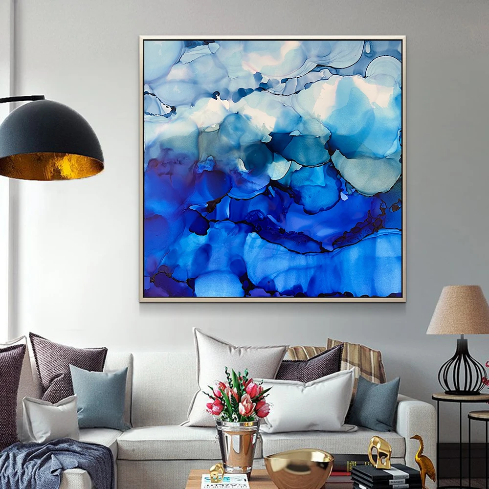 

Blue Ink Modern Wall Abstract Water Art Painting Canvas Print Poster Bright Vibrant Picture for Living Room Home Decor Cuadros