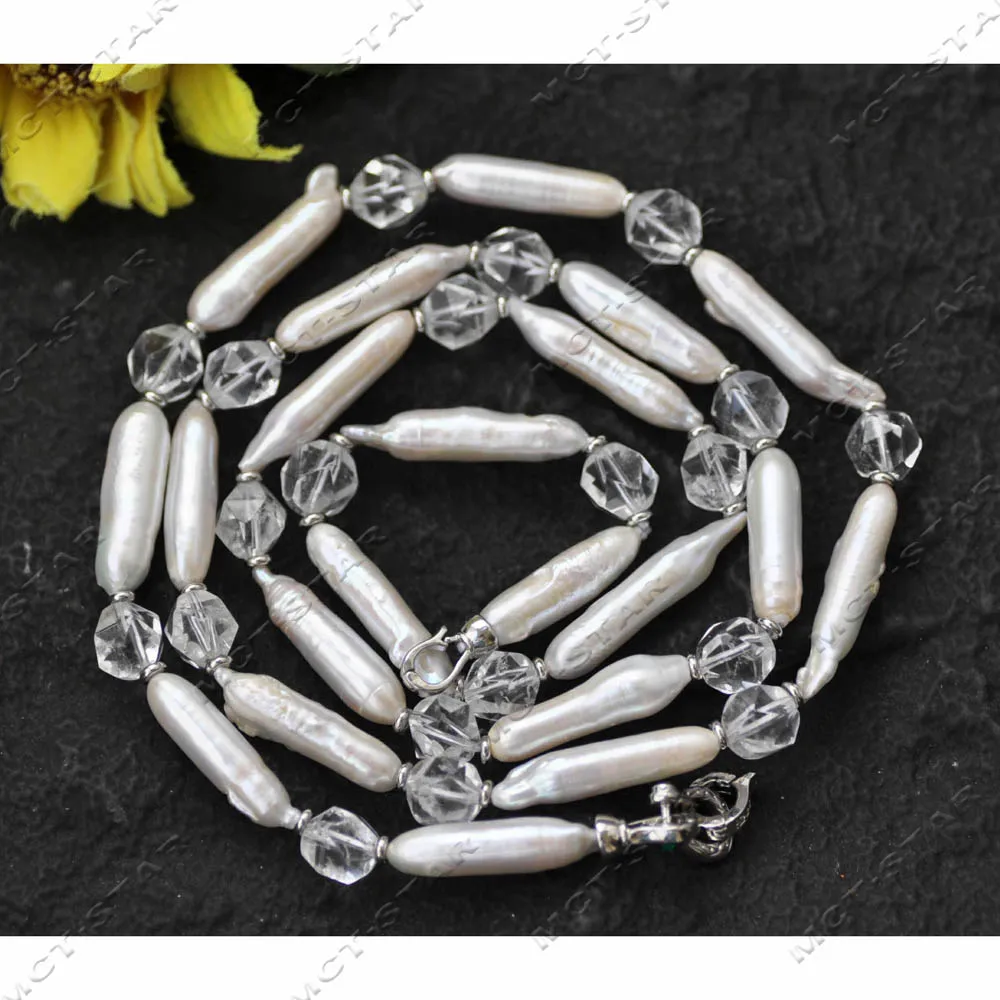

Z14202 34" 30mm White Cylindrical Freshwater Pearl Real Clean Faceted Crystal Necklace CZ