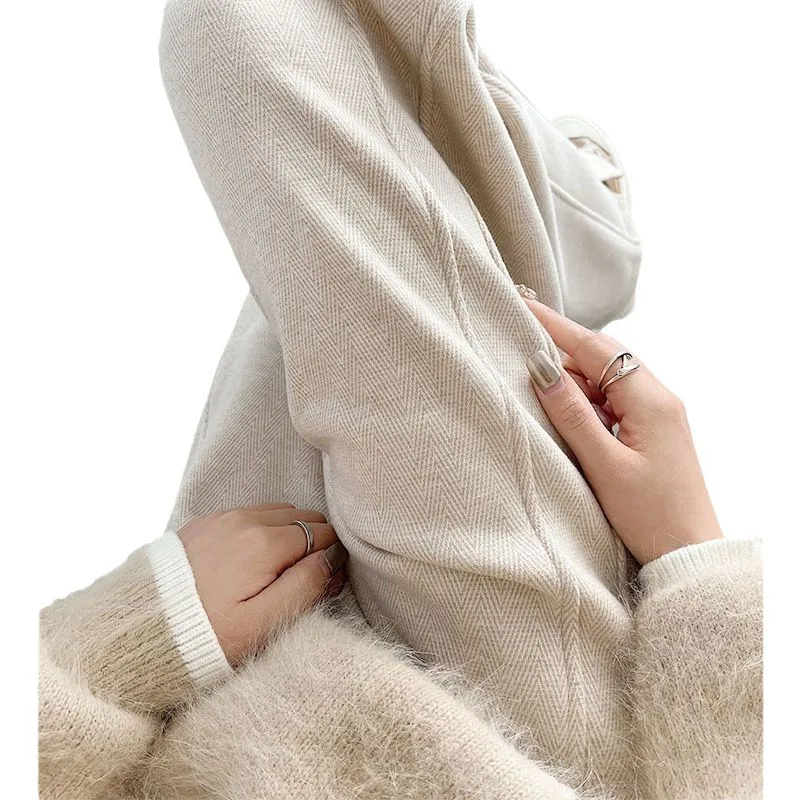 

Herringbone Plus Velvet 2025 Pants Women's Autumn and Winter Woolen Split Pants Straight Tube Padded Casual Women's Trousers